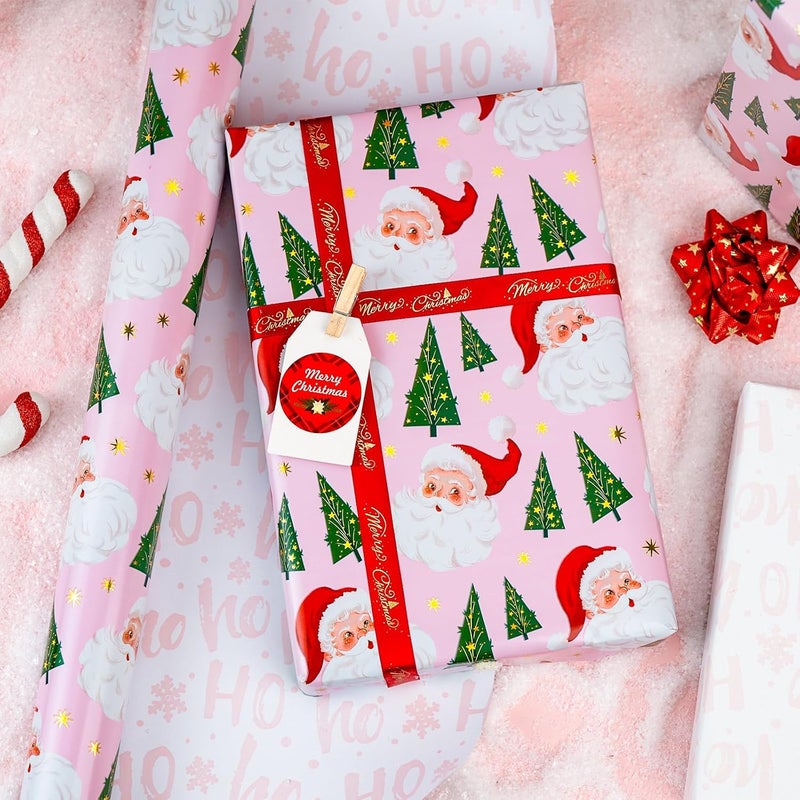 Yarcony Pink Christmas Wrapping Paper Roll, Girly Santa Wrapping Paper, Vintage Inspired Santa Claus, Christmas Tree Design Pink Gift Wrap for Winter Holiday, Girl Celebration (17 Inch X 33 Feet) - Image 5